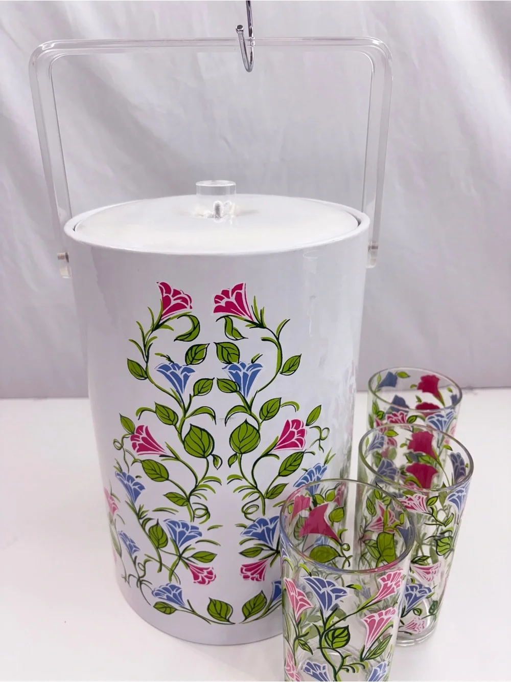H. J. Stotter vintage acrylic 4 pc vtg floral beverage set ice bucket 3 tumblers